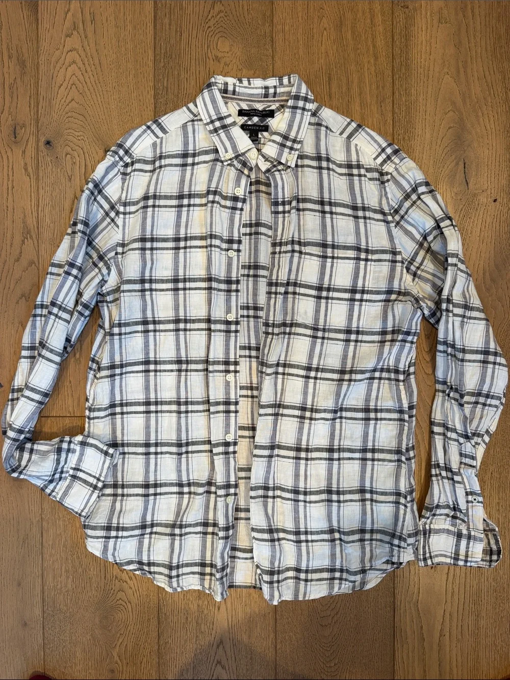Banana Republic Linen Button-Down Plaid Shirt - White & Black